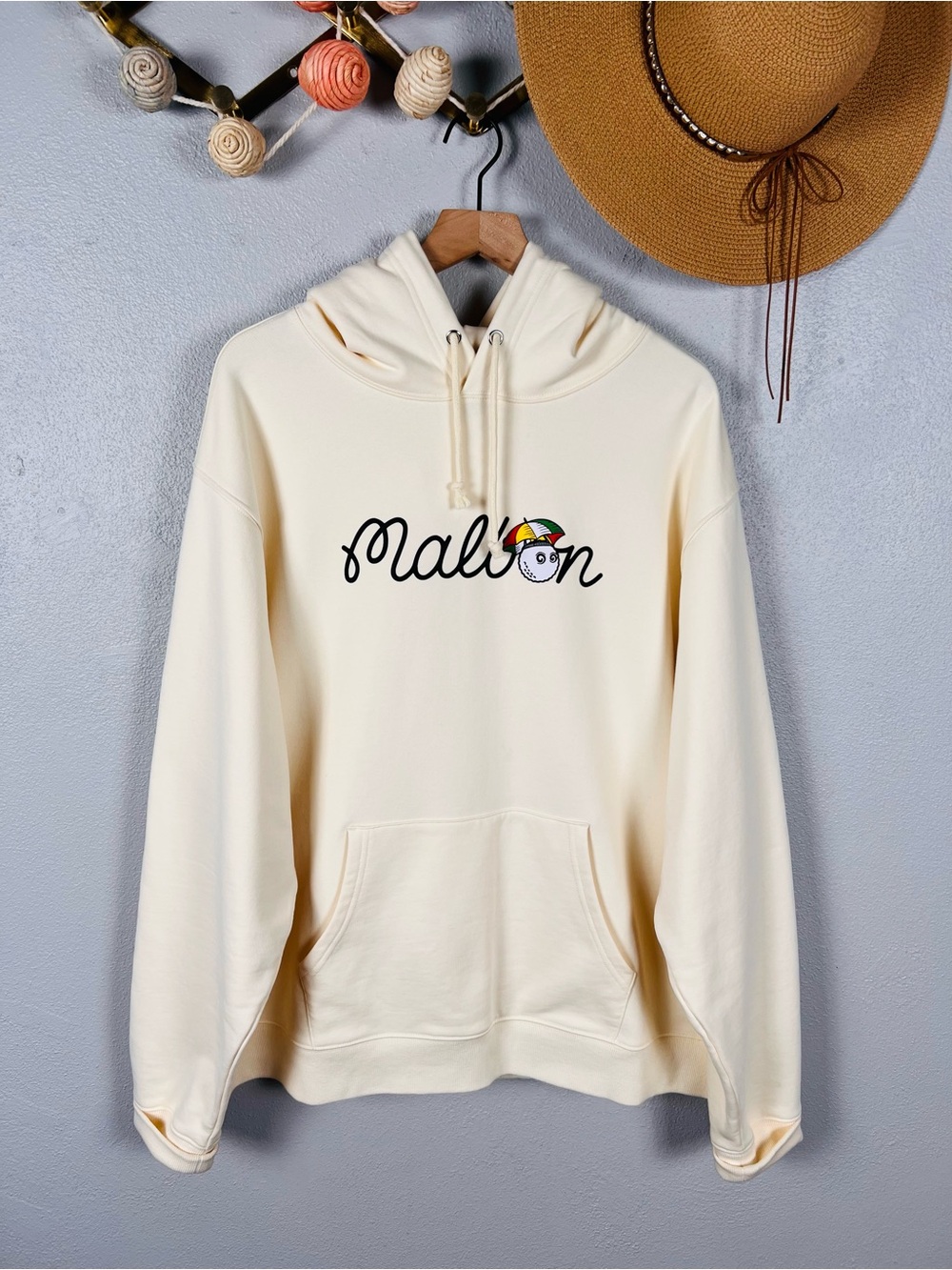 Malbon Golf Umbrella Buckets Graphic Hoodie Sweatshirt in Cream Men's Size XL